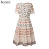 ZANZEA Women Casual Round Neck Short Sleeve Vintage Print Dress
