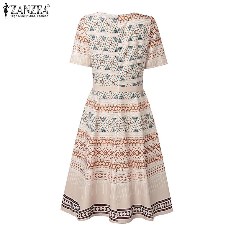 ZANZEA Women Casual Round Neck Short Sleeve Vintage Print Dress