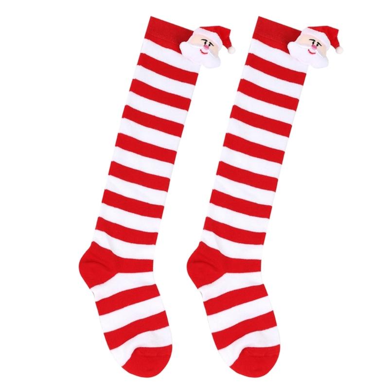 Cartoon Santa Christmas Stockings for 6-10Y Children Over the Knee Socks for Little Girls Unisex Winter Striped Socks