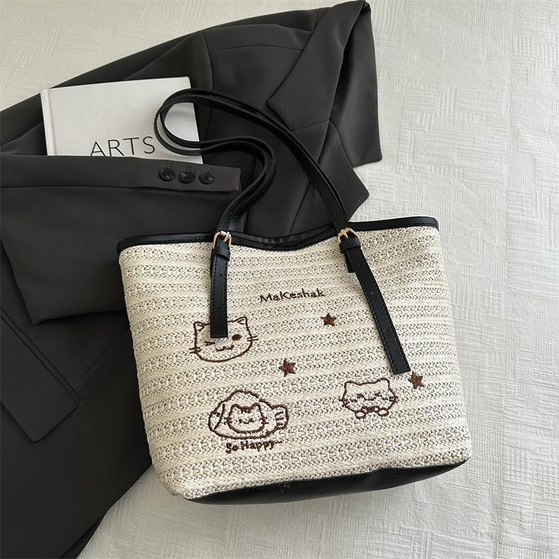 Woven Fashionable Large-capacity Cat Embroidery Tote Bag, New Trendy Foreign Style, Casual Commuting Temperament, Simple Beach Bag
