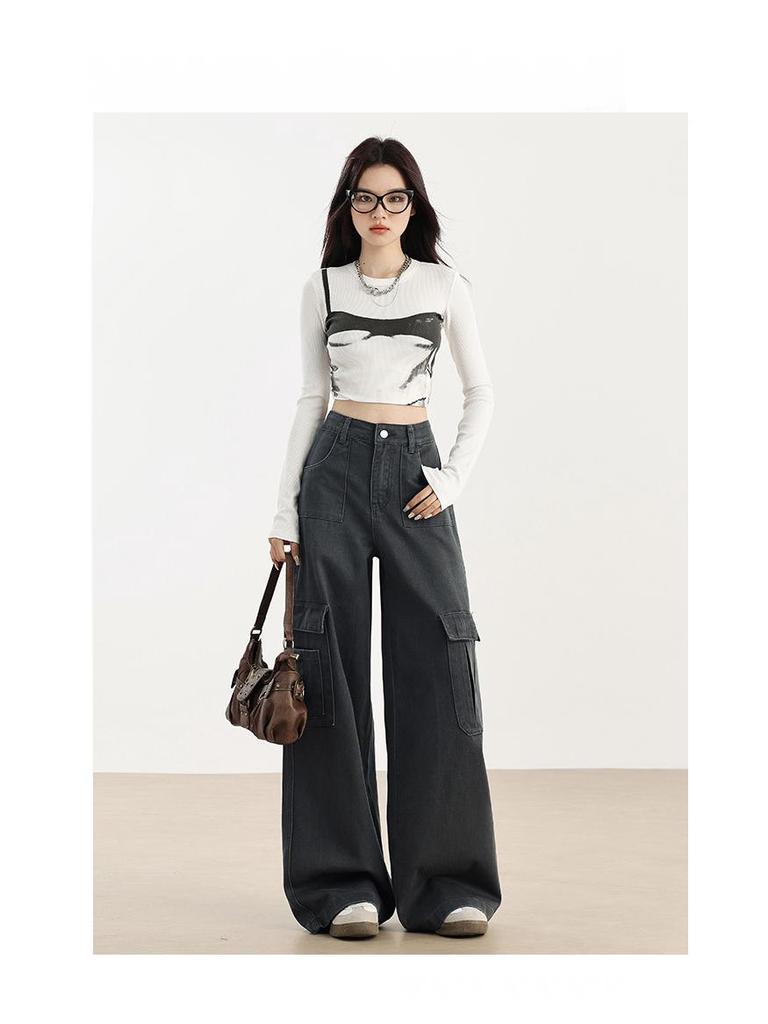 Women's High-Waist Fleece-Lined Wide-Leg Jeans, Retro Workwear Style for Autumn/Winter 2024