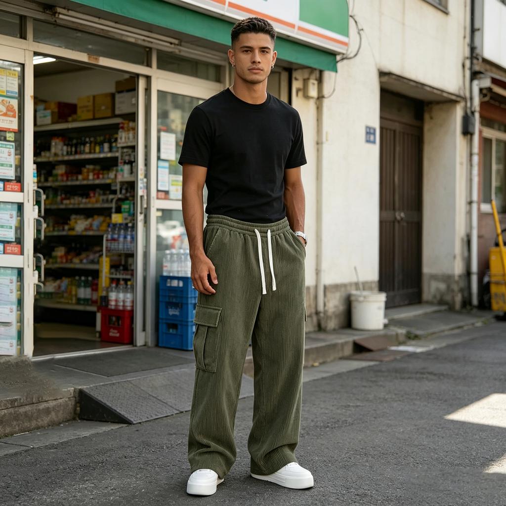 Men's Retro Corduroy Straight Leg Pants with and Multiple Pockets for Casual Wear