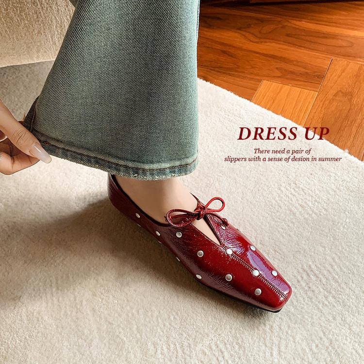 Niche Design French Rivet Lace Square Head Single Shoes 2025 Spring Height Increase Low Heel Inside and Outside Full Leather Ballet
