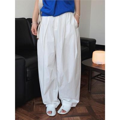 Pantalon décontracté à jambes droites et taille élastiquée plissée pressée pour femme Printemps Été Pantalon simple