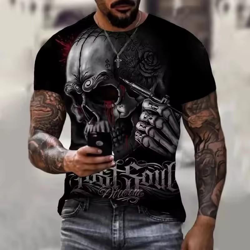 Maglietta a maniche corte da uomo con stampa 3D di teschio, retrò, casual, alla moda, estiva, streetwear, top oversize, t-shirt, abbigliamento
