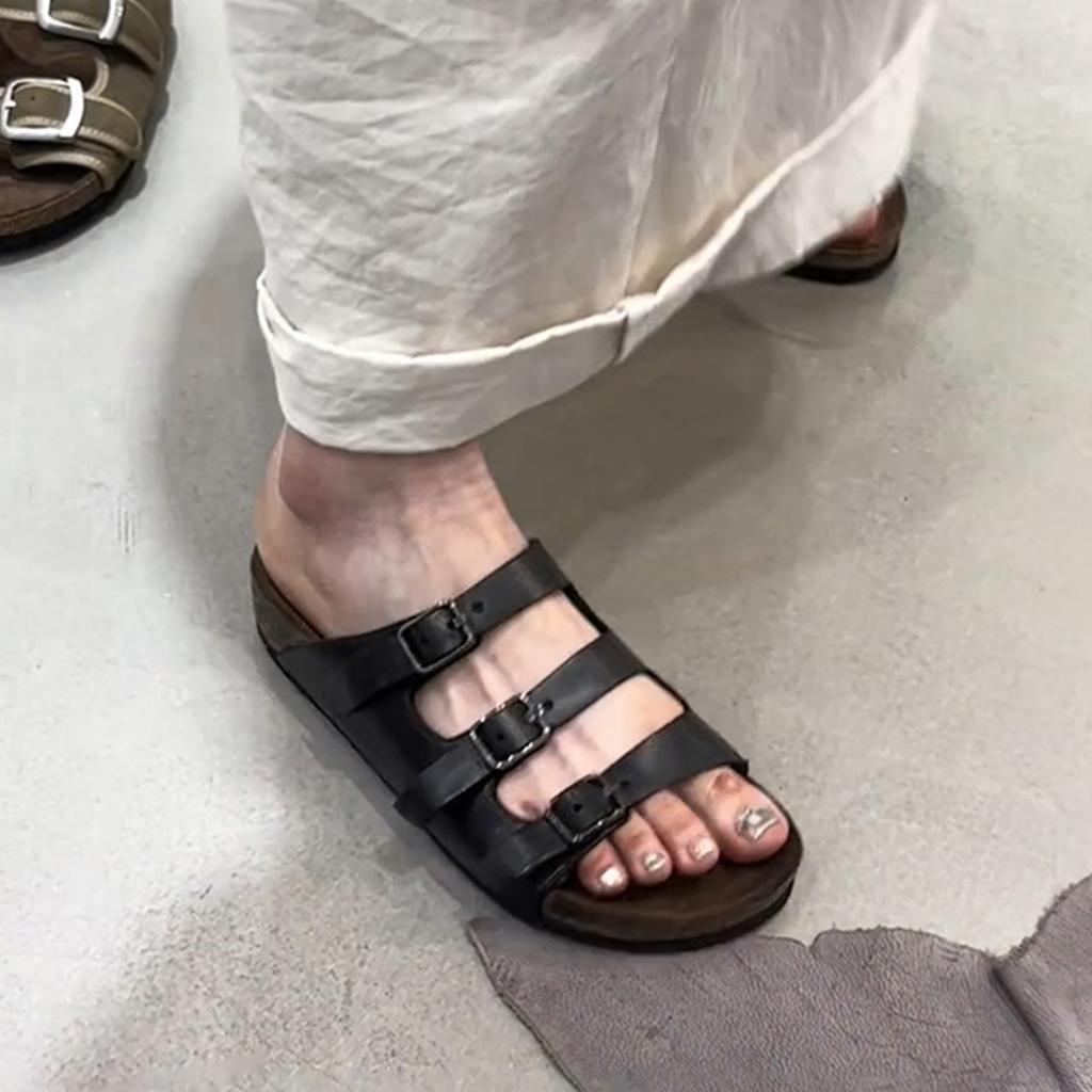 Pigskin one-pedal belt buckle big head thick heel women's black retro square head bag head slippers