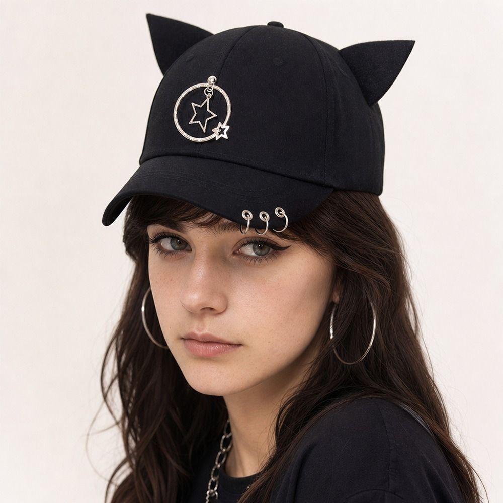 Metal Rings Hip Hop Cap Cat Ear Sunscreen Hat Creative Baseball Caps  Four Seasons