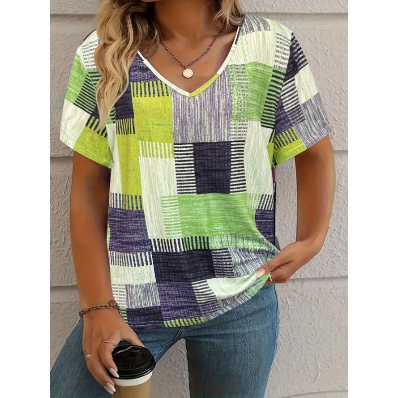Fashion Colorful Stripe T-Shirts  Print New Women's Casual Short Sleeve V-Neck  Tees Harajuku Tops Female Clothing