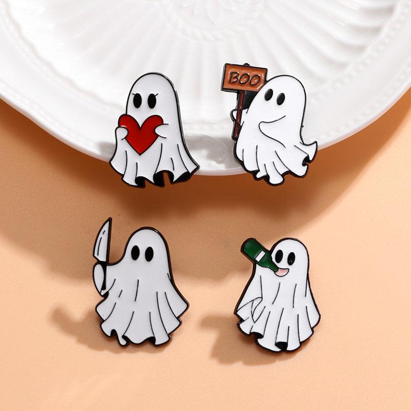 4Styles Halloween Ghost Collection Brooches Cartoon Spooky Hold Knife Heart Drink Design Enamel Pins With Free Shipping