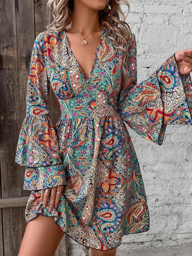 Abito Elegante Floreale da Donna a Manica a Campana con Scollo a V Stile Maturo Patchwork Retrò Francese Slim Sexy Elegante Abito Lungo da Donna