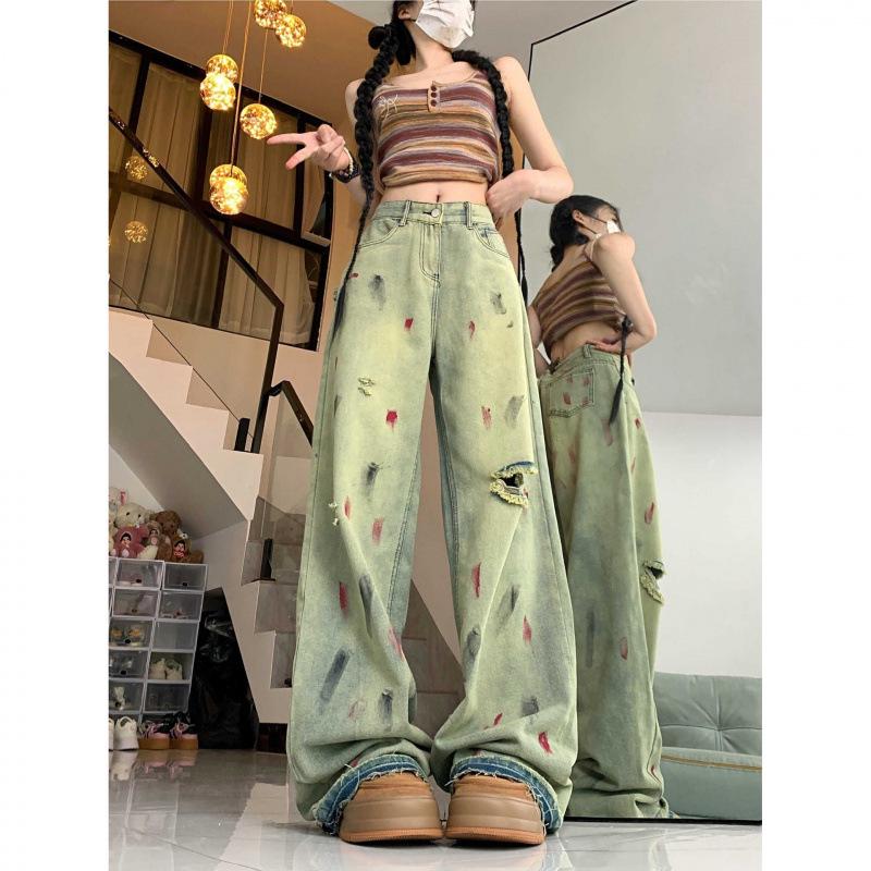 2025 Herbst Retro Spritzer zerrissene Low-Rise Wide-Leg Jeans für Männer und Frauen – Europäischer und Amerikanischer High Street Stil