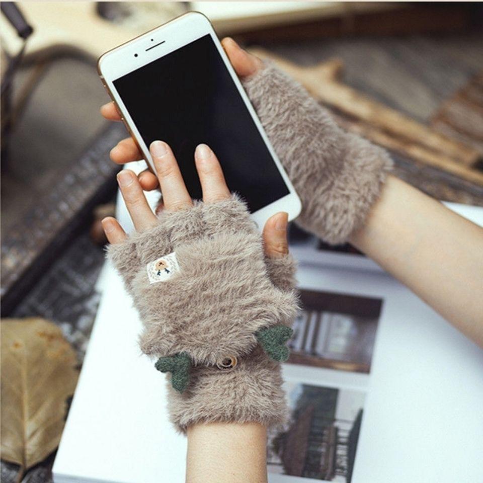 Women's Winter Fleece-Lined Antler Gloves - Cute Korean-Style, Wool Plush, Half-Finger with Flip-Top, Warm & Cold-Proof for Students & Big Kids
