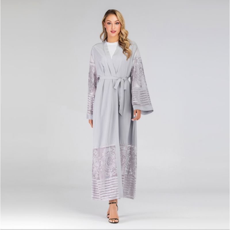 Fashion Women's Embroidered Mesh Cardigan Dubai Robe Dress