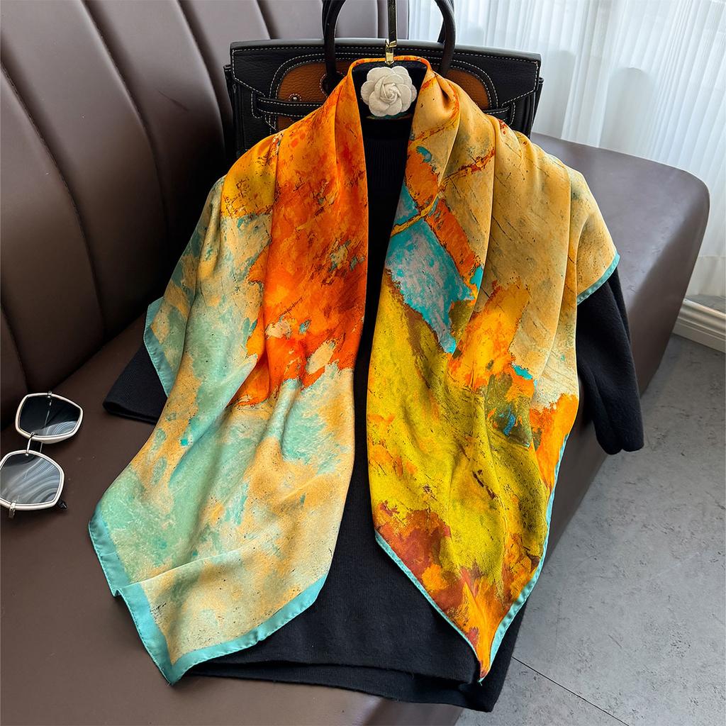 90×90Cm  Satin Shawl Design Flowers Silk Square Women Neck Scarves Wrap Headkerchief Beach Hair Band Women'S Bandana