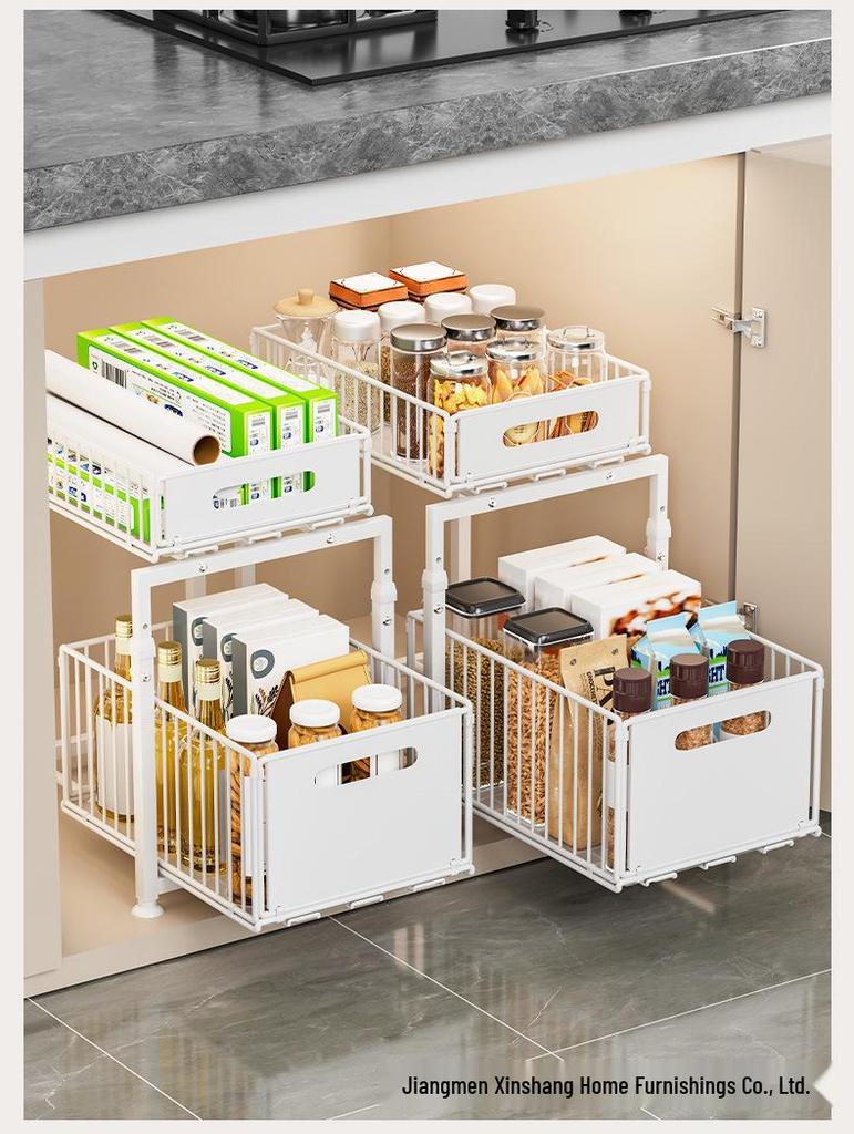 Double-Layer Pull-Out Basket Storage Rack for Under-Counter Bathroom and Kitchen