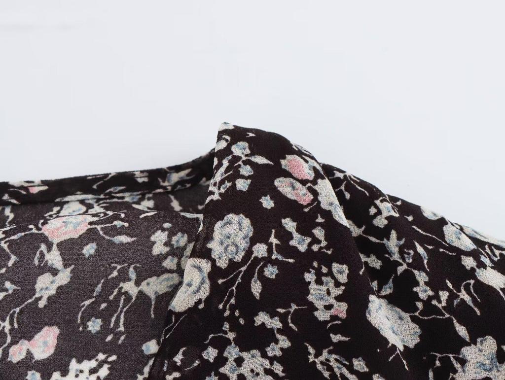 Spring 2025 Women's European & American Style V-Neck Chiffon Floral Waist-Hugging Long Dress