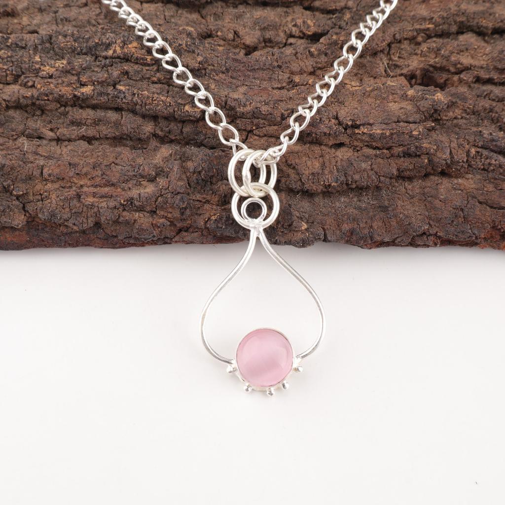 Round Pink Cat'S Eye Gemstone Mother Gift Wedding Pendant 925 Sterling Silver PP-40-48