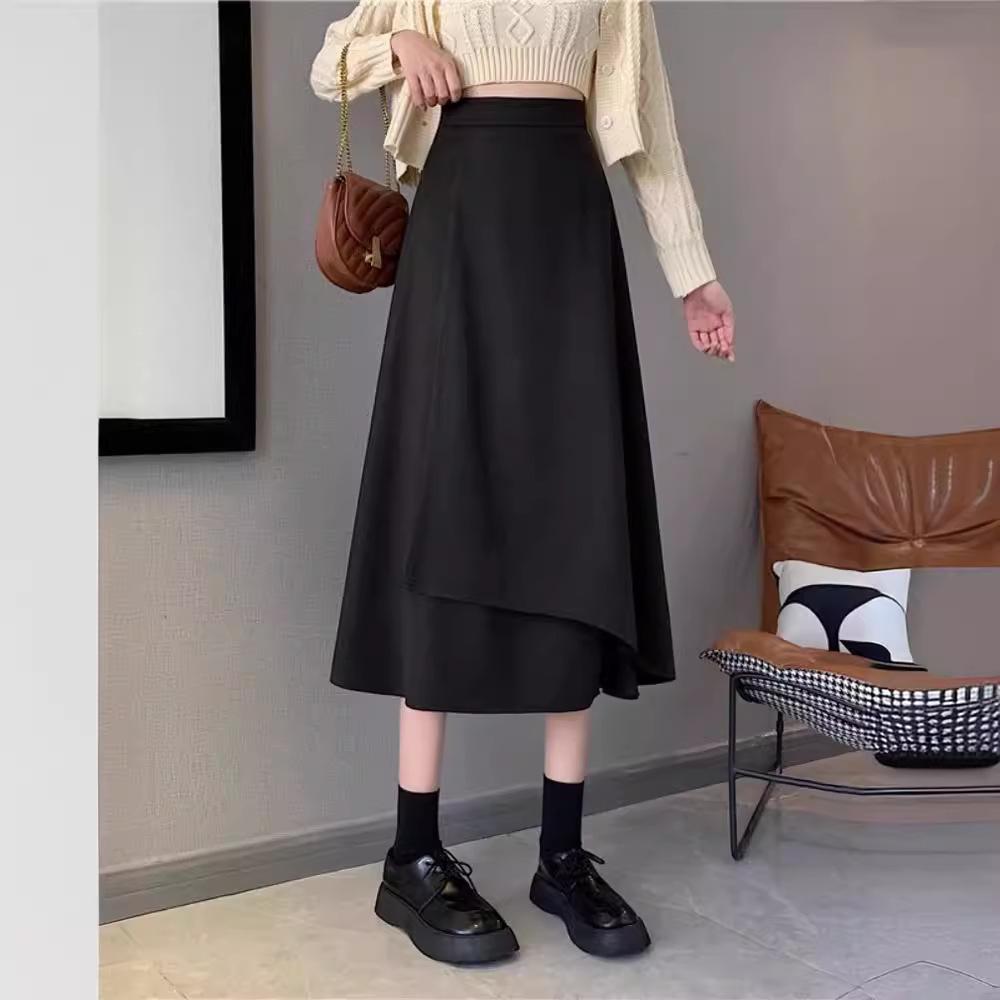 Women's Plus Size Black A-Line Midi Skirt - High Waist, Irregular Hem, Korean Style, Spring/Summer 2024 Collection
