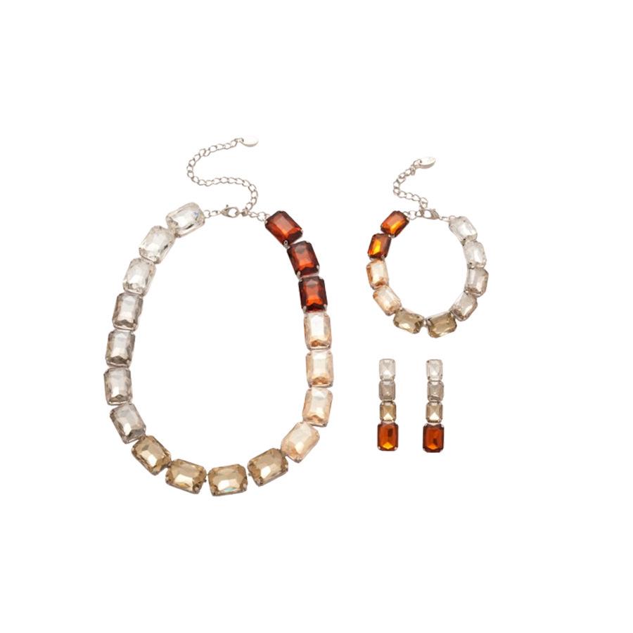 Elegant Rhinestone Geometric Earring and Necklace Set with Color Block Design