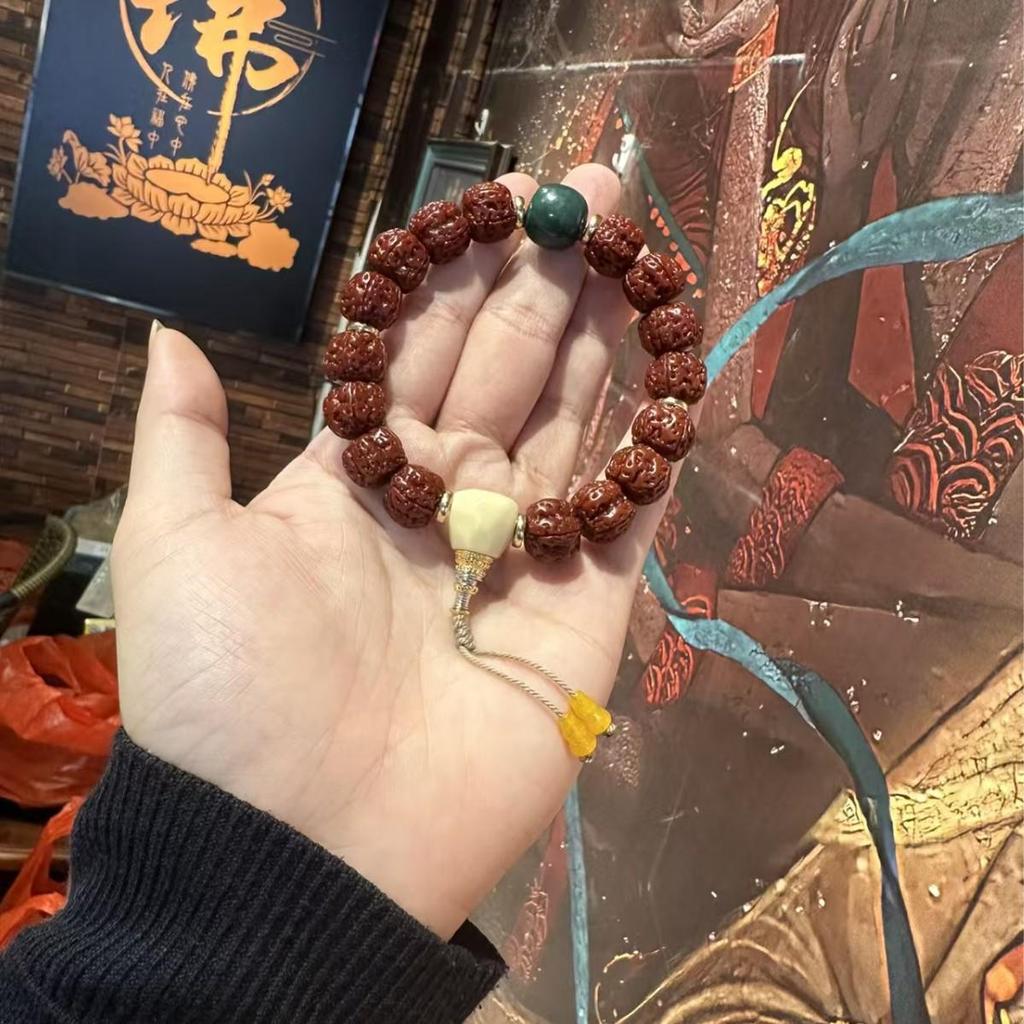 Banyan & Vajra Seed Bracelet with Plum Blossom & Double Dragon - Unisex Buddhist Prayer Beads