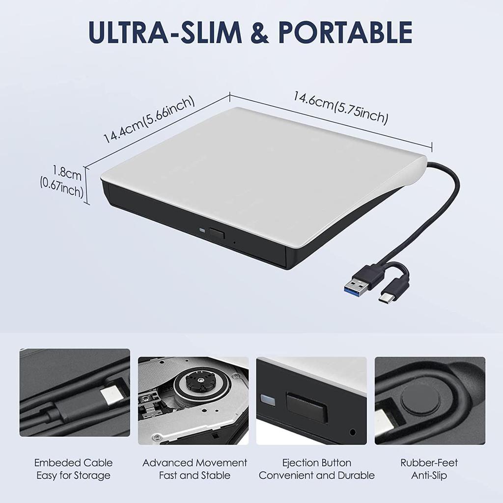 USB 3.0 Type-C External DVD Drive & Disc Burner for Computers and Laptops