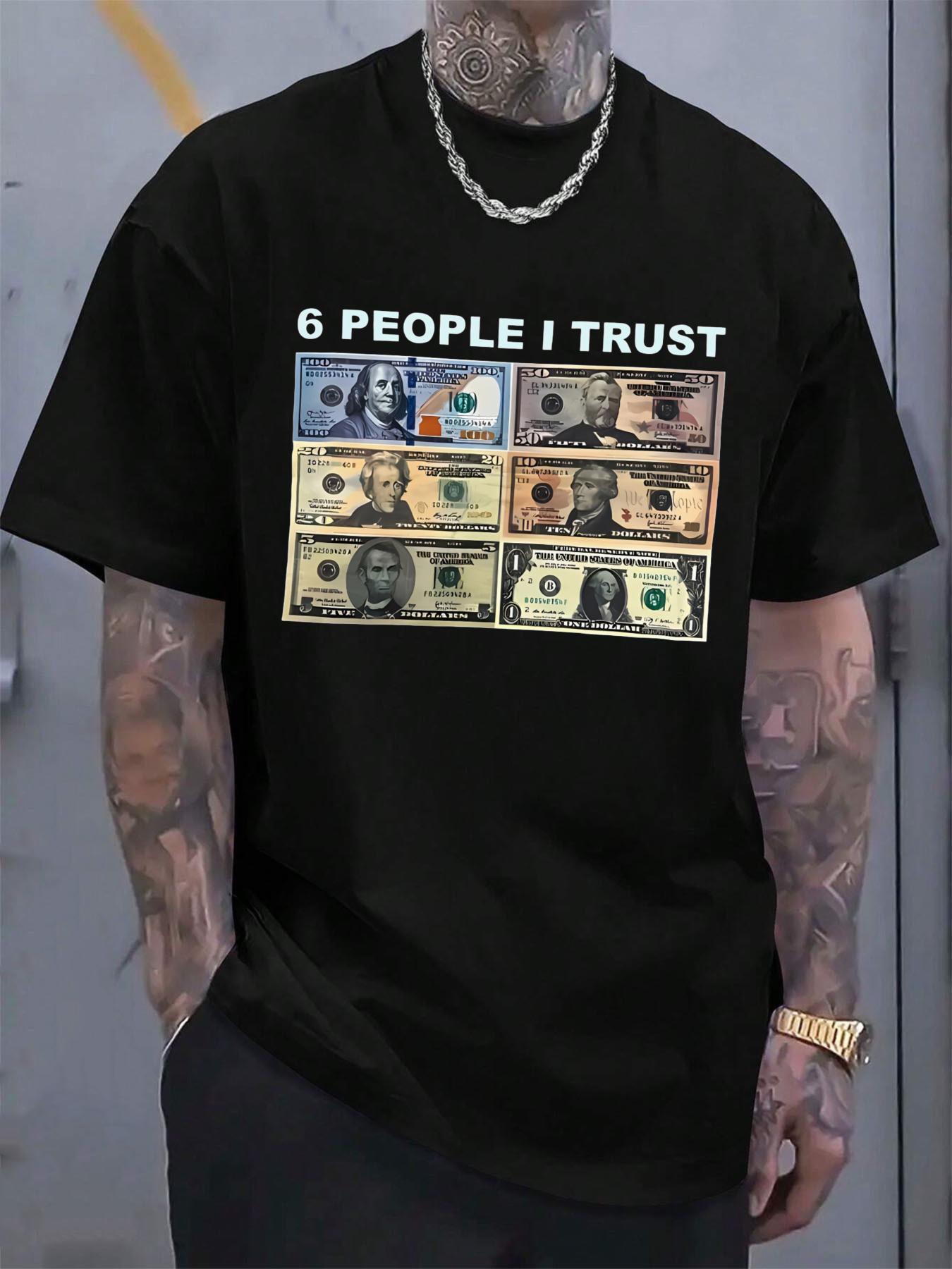 

Vintage Loose Fit Cotton T-shirt with Bold Dollar Bill Print & 6 People I Trust Graphic - Navy Blue Crew Neck Casual Tee for Summer XXXL