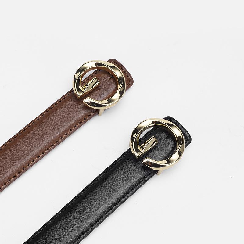 Chic Versatile Women's Thin Leather Waist Belt with Simple Letter Buckle - Black, Ins Style, Light Luxury.