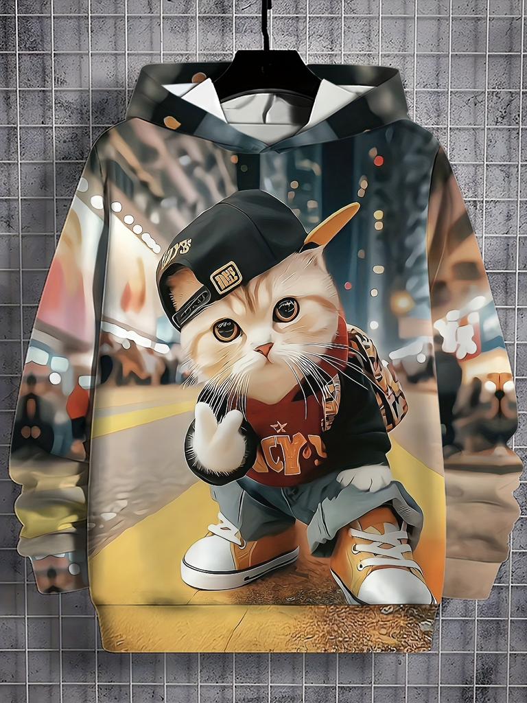 Men's Cat Graphic Print Hoodie, Casual Long Sleeve Hooded Sweatshirt For Outdoor
