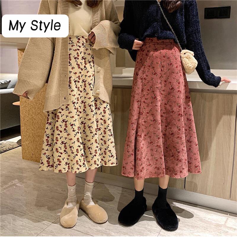 

Autumn Winter Vintage Velvet Floral Women Long Skirt Casual Pleated A Line Skirts Casual Loose High Waist Fladas Bottoms