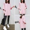 Women Plus Size Loose Pullover Sweatshirt Round Neck Patchwork Long Sleeve Pockets Mid-Length Solid Color Autumn Casual Top