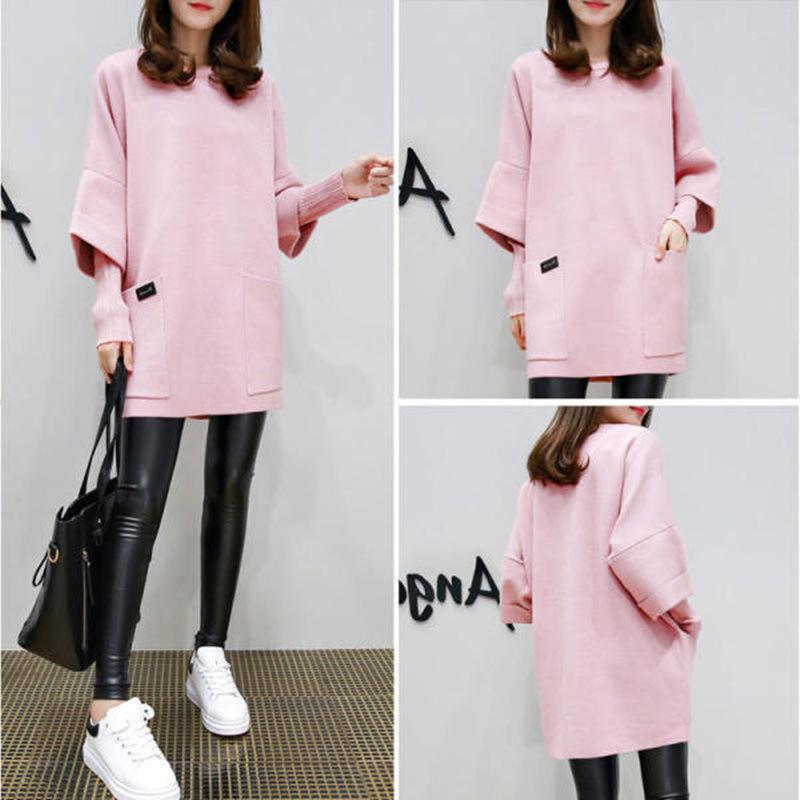 Women Plus Size Loose Pullover Sweatshirt Round Neck Patchwork Long Sleeve Pockets Mid-Length Solid Color Autumn Casual Top
