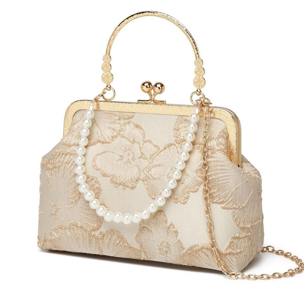 New Chinese Style Cheongsam Bag with Elegant Temperament, Banquet Clip Bag, Solemn Hand-held Mouth, Gold Bag, Pearl Bag, Crossbody