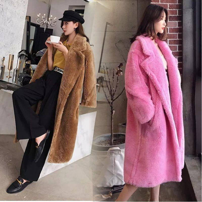 2 New autumn and winter Iceland imitation cashmere long coat teddy bear imitation fur coat women's black peach powder