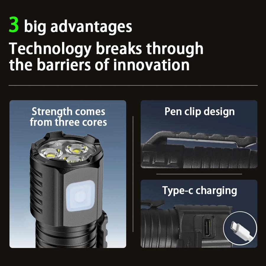 Three Eyed Portable Flashlight USB Rechargeable Lamp with Built in Battery LED Torch Waterproof Outdoor Camping MINI Handlights
