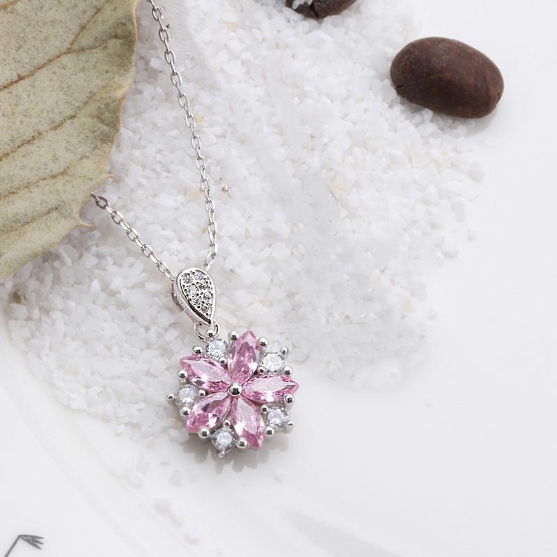 Buyee 925 Sterling Silver Flower Pendant Chain Pink & Yellow Crystal Cherry Blossoms Pendant for Woman Fine Jewelry Chain