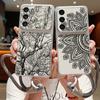 Retro Mandala Flower Pattern Leather Lanyard Case For Samsung Galaxy A57 A37 A17 A56 A36 A26 A16 A55 A54 5G S21 FE S22 S23 S24 S25 Plus S26 Ultra