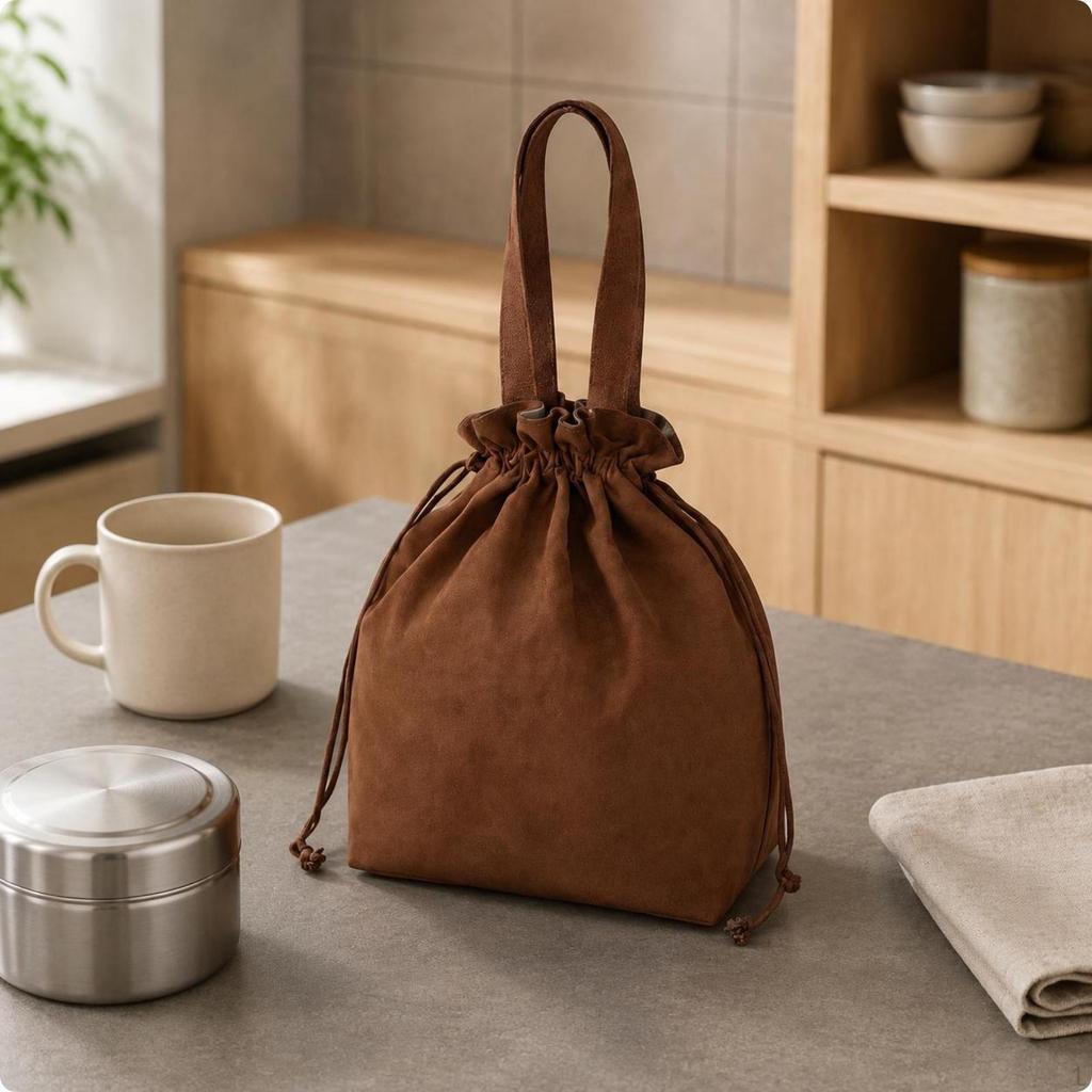 Drawstring Meal Bag Gathered Opening Canvas Top of Handle Carrier Black