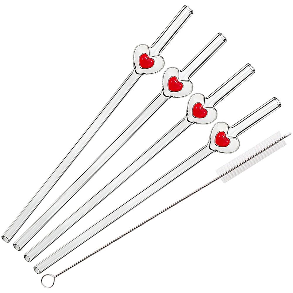 

4Pcs Reusable Straws Glass Straws Heart Design with 1 Cleaning Brush for Smoothies Milkshakes Juices ,Valentine s Day Gift