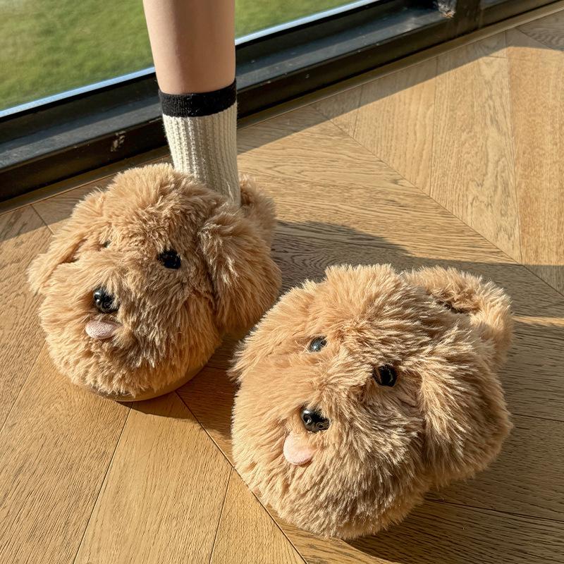 2025 Cute Tongue-Out Puppy Faux Fur Bag & Slippers - Thick-Soled, Warm, Non-Slip Cotton Shoes for Men & Women (Autumn/Winter)