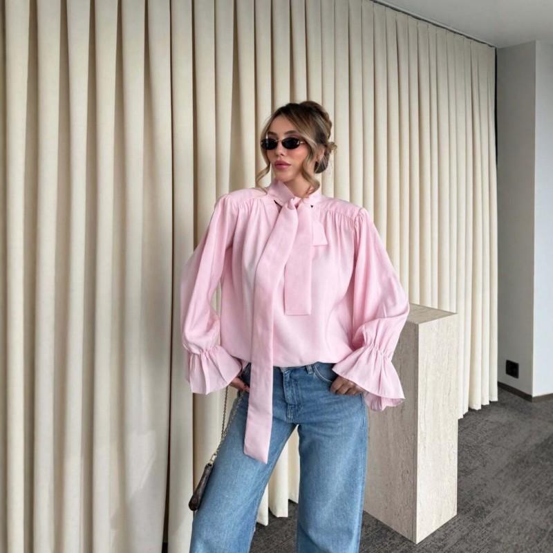 2026 Womens Long Sleeve Blouse With Ruched Detail Tie-Neck Puff Slimming Fit Elegant Casual Shirt