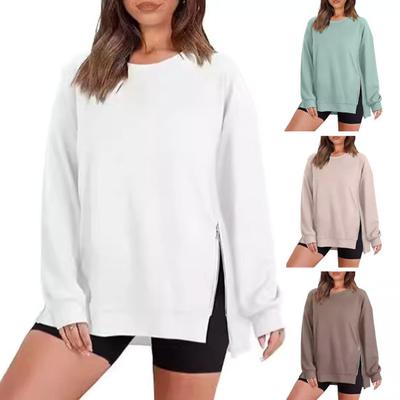 Dámska mikina na zips s rozparkom na leme, okrúhly výstrih, voľná, hrubá, dlhé rukávy, jednofarebná, elastický lem, stredná dĺžka, na každý deň, športový top