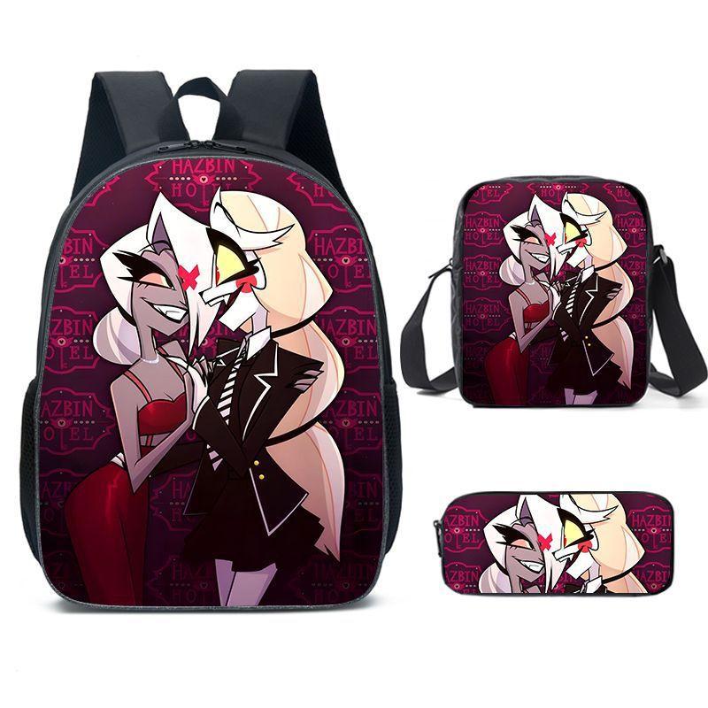 Hazbin Hotel Anime Ensemble de 3 pièces Sac à dos Étudiant Sac d'école à bandoulière Enfants Mignon Sac à dos de voyage Cadeau d'anniversaire pour enfants