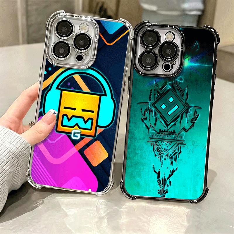 Geometry Dash Game Plating Phone Case For Iphone 16 17 Pro Max Air 16E 14 15 Plus 12 13 Mini Anti-Fall Airabag Cover