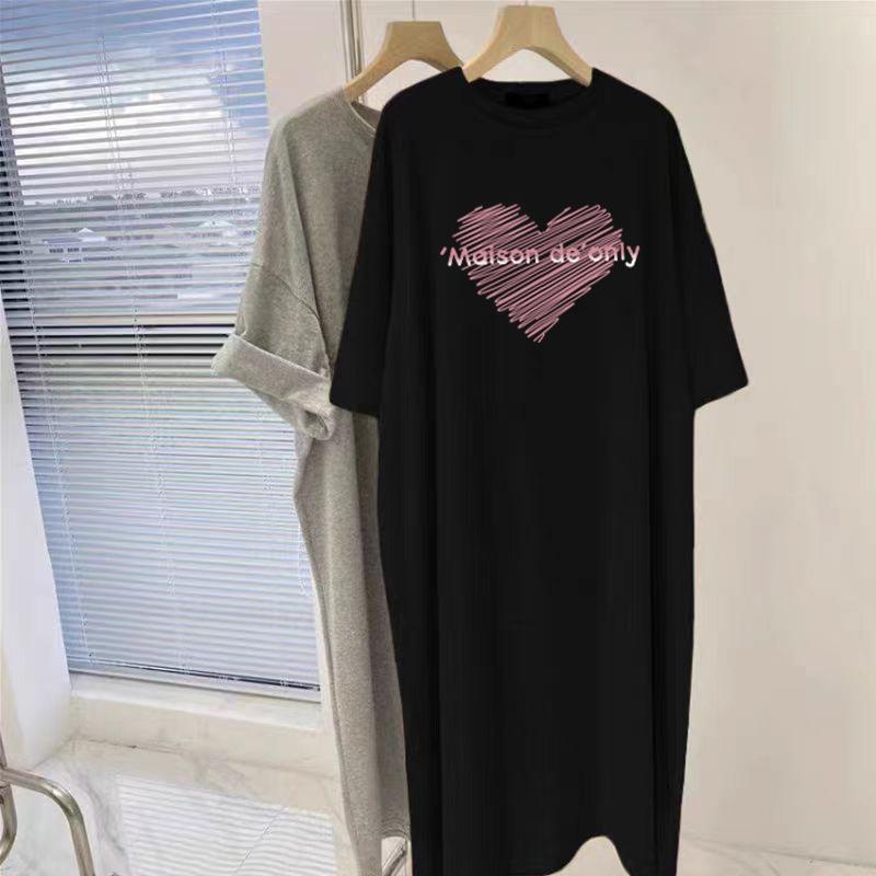 Large Size Women's Pure Cotton Short-sleeved T-shirt Dress, Summer Top, Fat Mm To Cover The Belly, Age Reduction and Thin Knee Dress