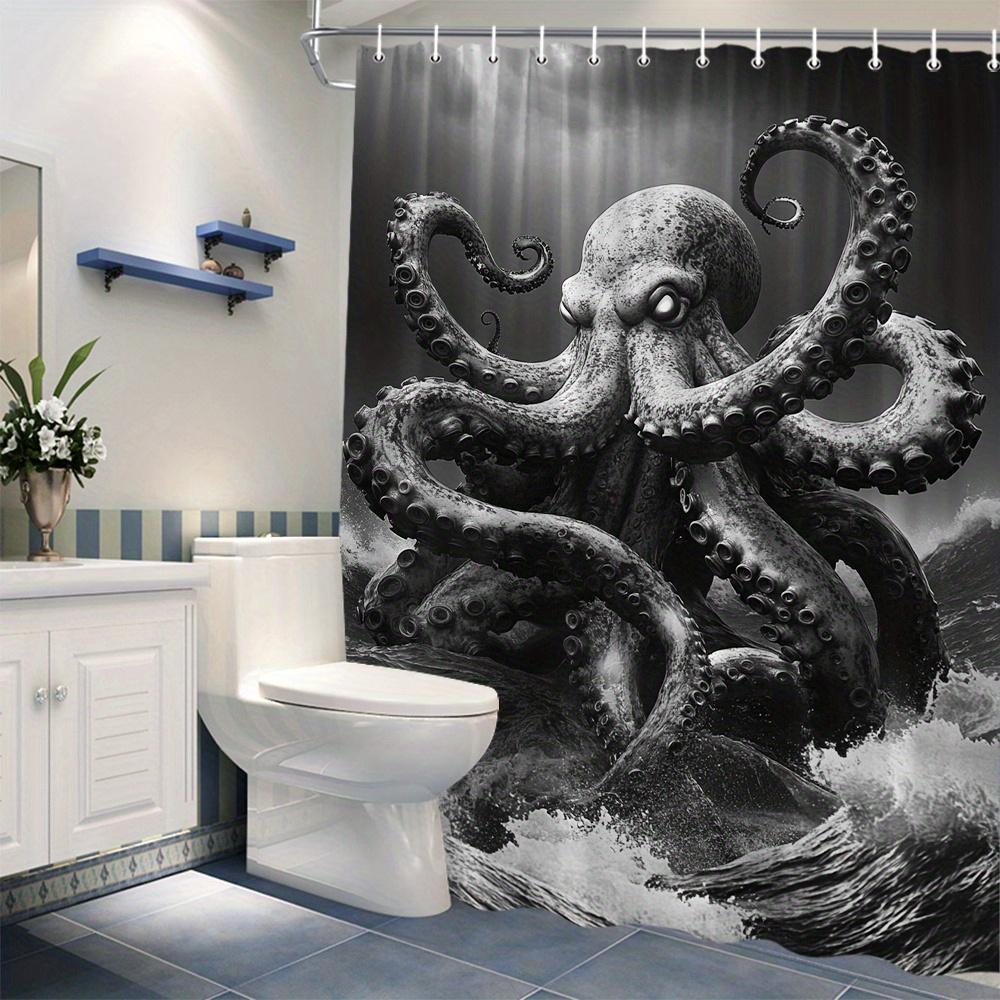 Black And White Art Storm Sea Terrible Octopus Shower Curtain Fantasy Bathroom Decoration, With 12 Hooks, Shower Curtain