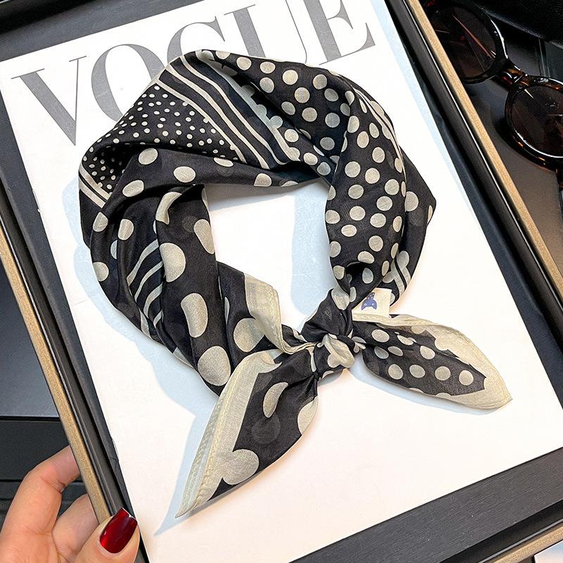 Small square scarf women s printed scarf square scarf black polka dot light luxury silk scarf versatile fashion 55*55cm