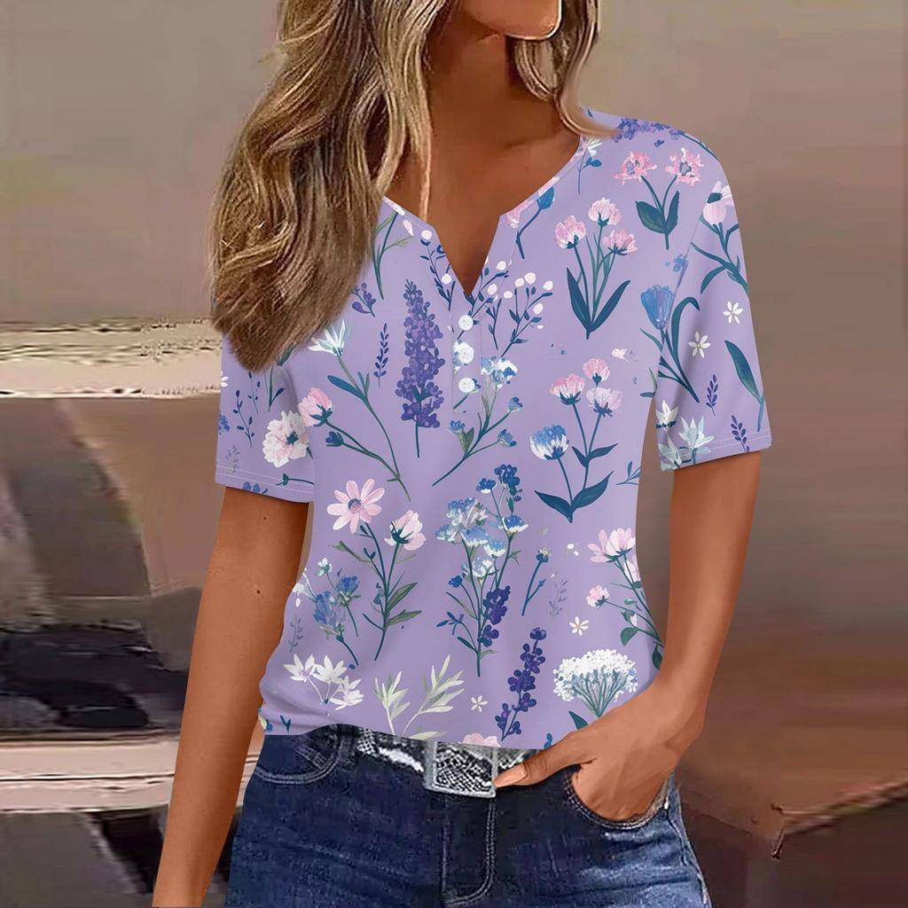 Damen T-Shirt mit Aufdruck und Knopfleiste, kurzärmelig, für den Alltag, Wochenende, modisch, Basic, V-Ausschnitt, normales Oberteil