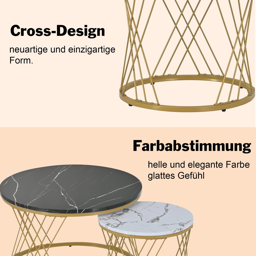 WF300416BAA) Moderner Kaffee-Beistelltisch, Kaffee-Tisch-Set Marmorfurnier Sofaseiten-Tischset Runde Beistelltische, Set mit 2 Stück, Goldfarbener Rahmen