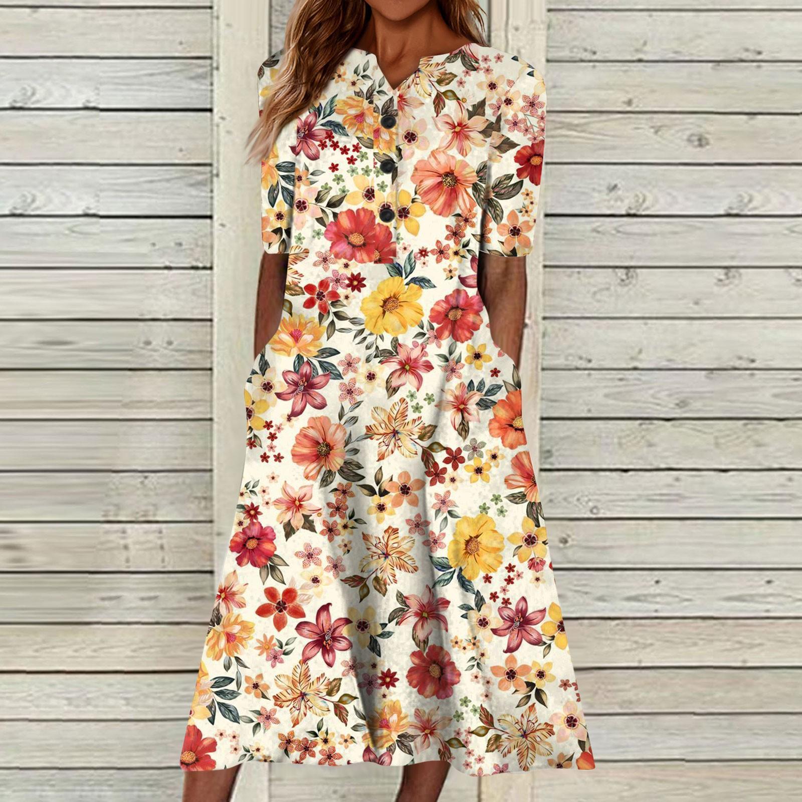 

Летнее платье для женщин 2023, повседневное пляжное свободное платье с v-образным вырезом и короткими рукавами с принтом M