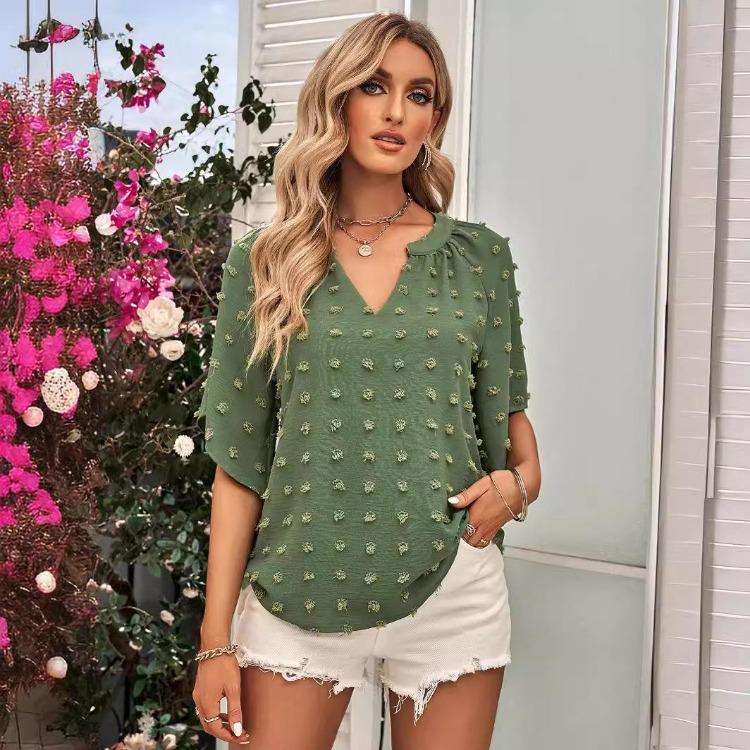 Women Casual Loose V-Neck Pullover Top Solid Color Blouse Half Sleeve Shirt Spring Summer S-XL
